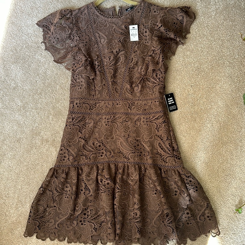 Express Lace Flutter Sleeve Mini Dress Brown Size M NWT